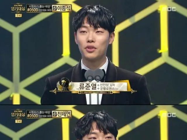 Actor Ryu Jun Yeol, ”Men's New Award” received. Together with other awardsceremonies, ”Newcomer Awar