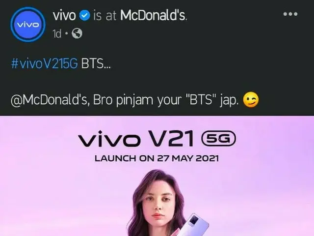 Pabrikan smartphone China Vivo menulis "BTS" sebagai singkatan dari "Be There So