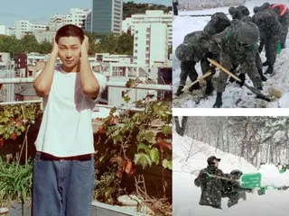 RM "BTS" sedang menyekop salju dengan sekop... Seorang pemimpin yang setia pada dinas militernya